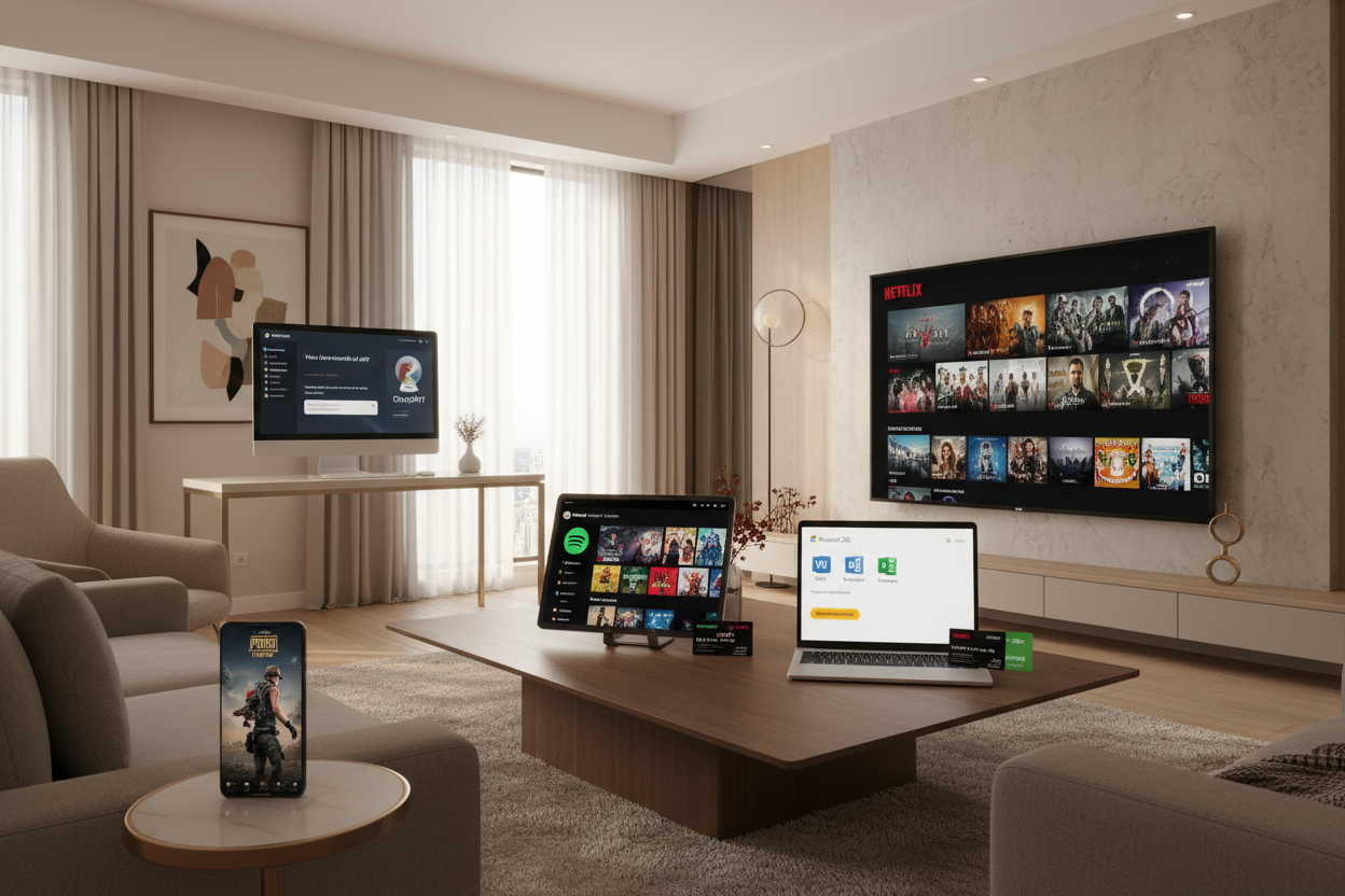 in room with products subscription like spotify neflix pubg microsoft chatgpt